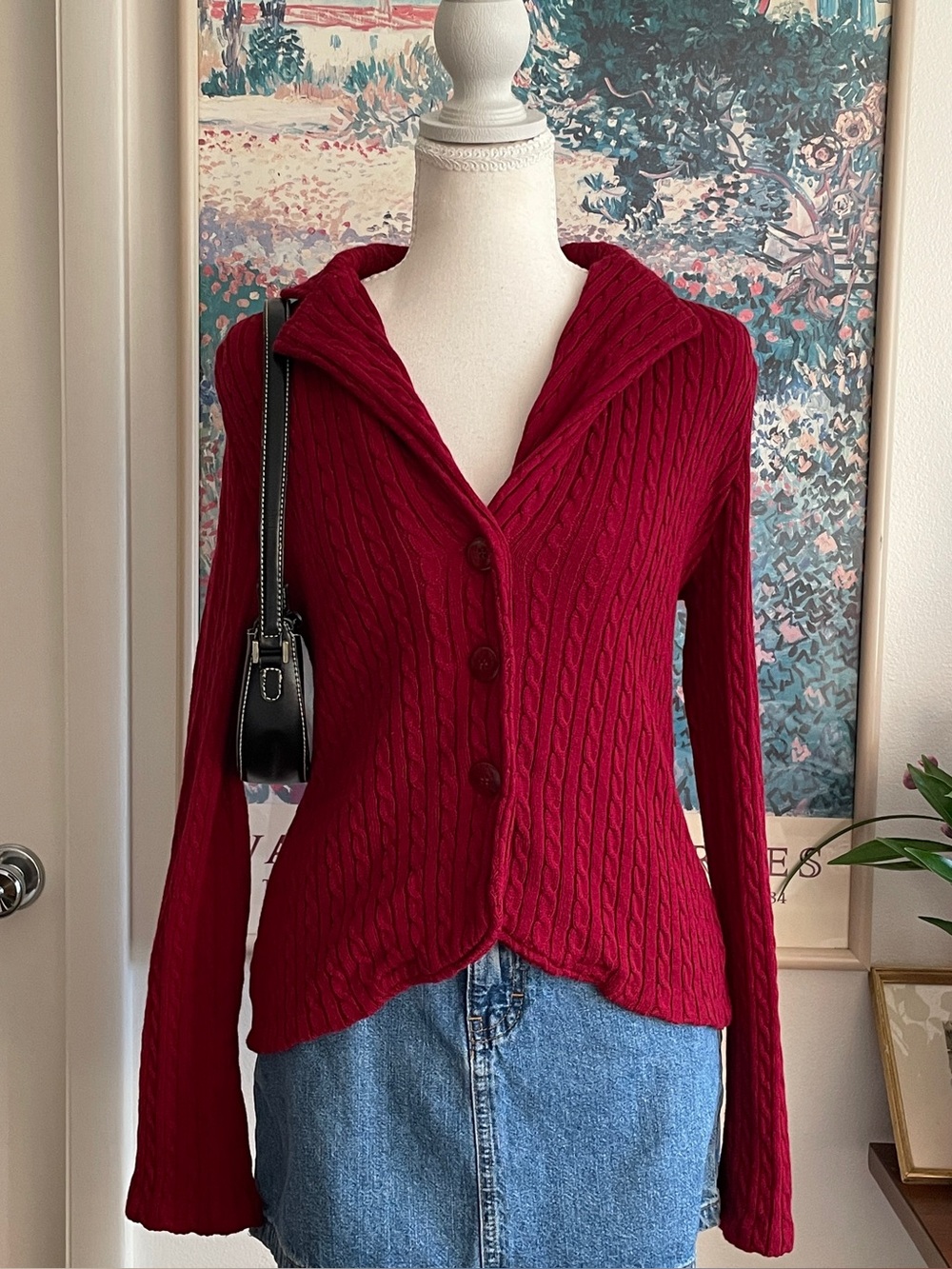 Bay Studio Cable Knit Cardigan Size Medium Red Collared Cotton Dark Academia Y2K
